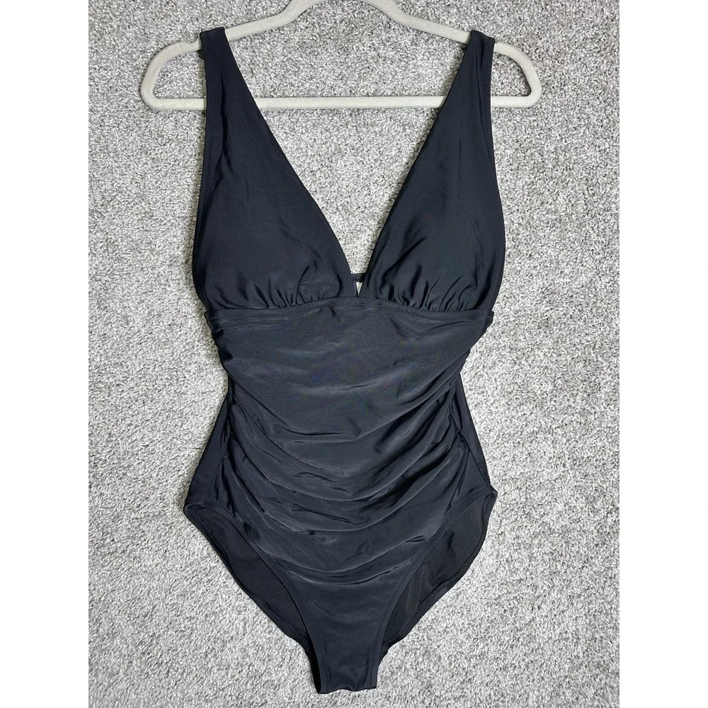 J.Crew Black Ruched One Piece Swimsuit Plunge V Neck Size M